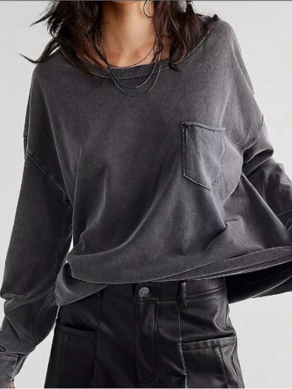 We The Free People Charcoal Black Distressed Pocket Crew Neck Top Size XL